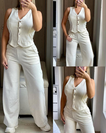 Solid Textured Fabric V Neck Button down Vest and Long Pants Set Casual Suit Sets